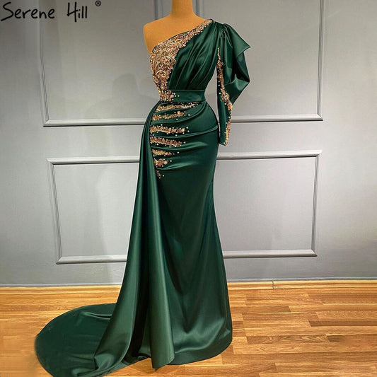Vestido de noche de satén verde sirena, elegante, con cuentas y un hombro, para mujer, fiesta, LA71341