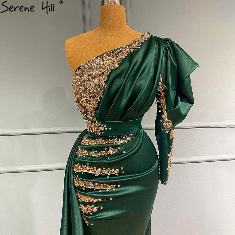Vestido de noche de satén verde sirena, elegante, con cuentas y un hombro, para mujer, fiesta, LA71341
