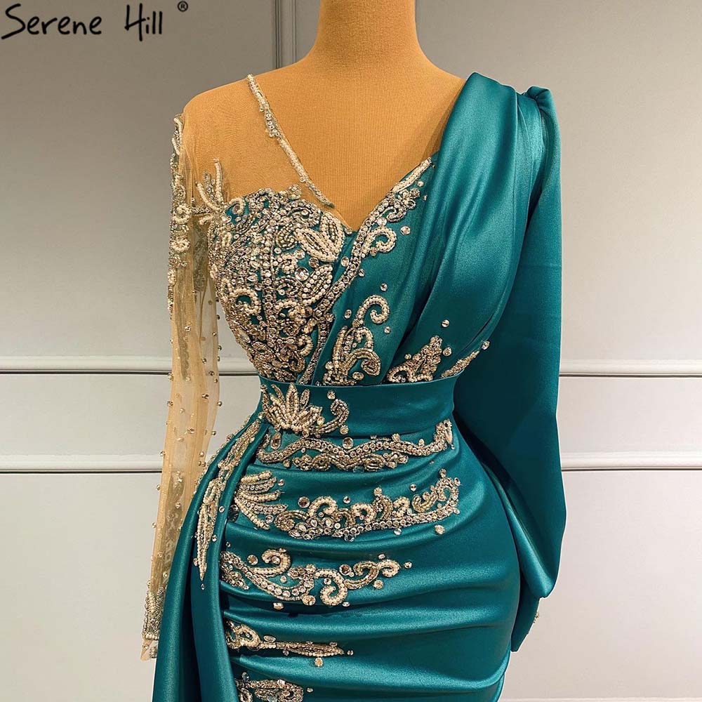 Vestidos de noche de satén verde sirena 2025, musulmanes, elegantes, con cuentas, de lujo, para mujer, fiesta, LA71370