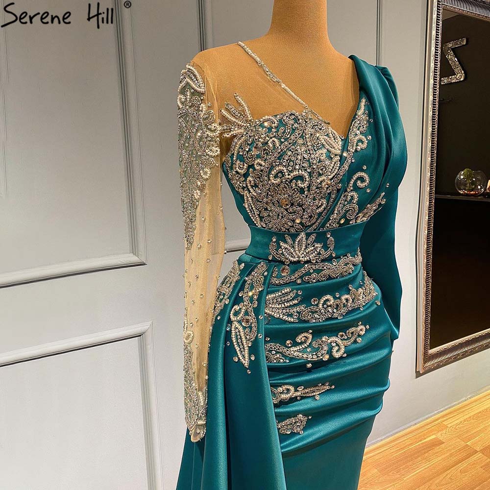 Vestidos de noche de satén verde sirena 2025, musulmanes, elegantes, con cuentas, de lujo, para mujer, fiesta, LA71370