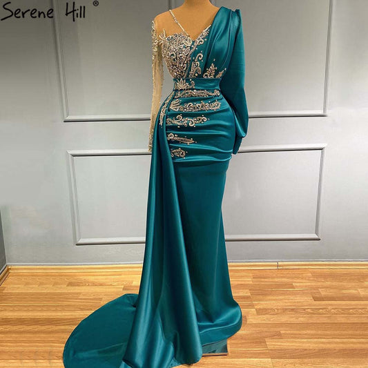Vestidos de noche de satén verde sirena 2025, musulmanes, elegantes, con cuentas, de lujo, para mujer, fiesta, LA71370