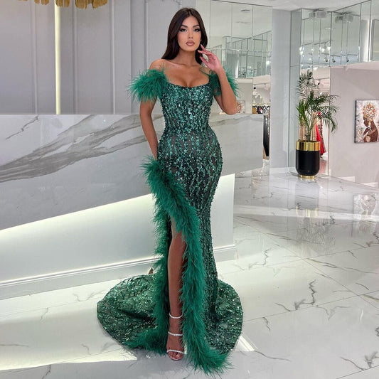 Vestido de noche verde sirena sexy con abertura alta y cuentas de lujo, con plumas, para mujer, boda, fiesta, LA72043