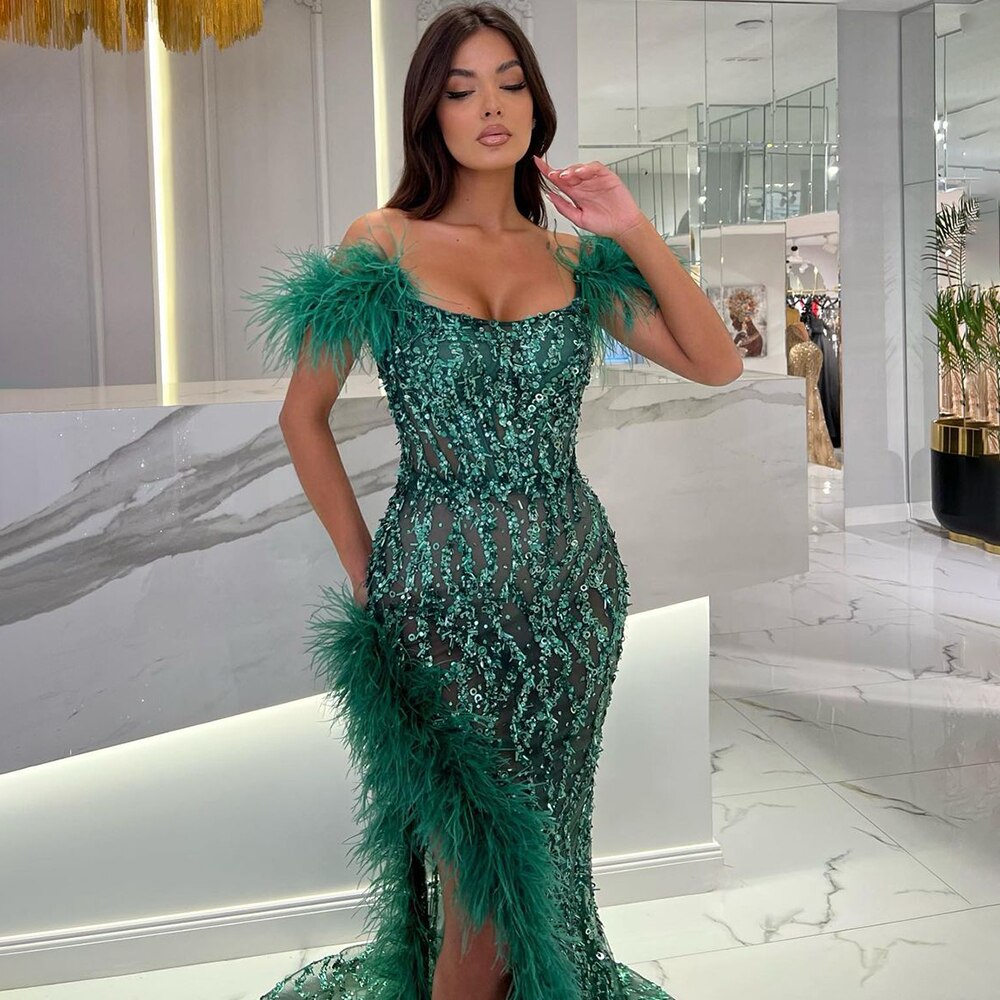 Vestido de noche verde sirena sexy con abertura alta y cuentas de lujo, con plumas, para mujer, boda, fiesta, LA72043