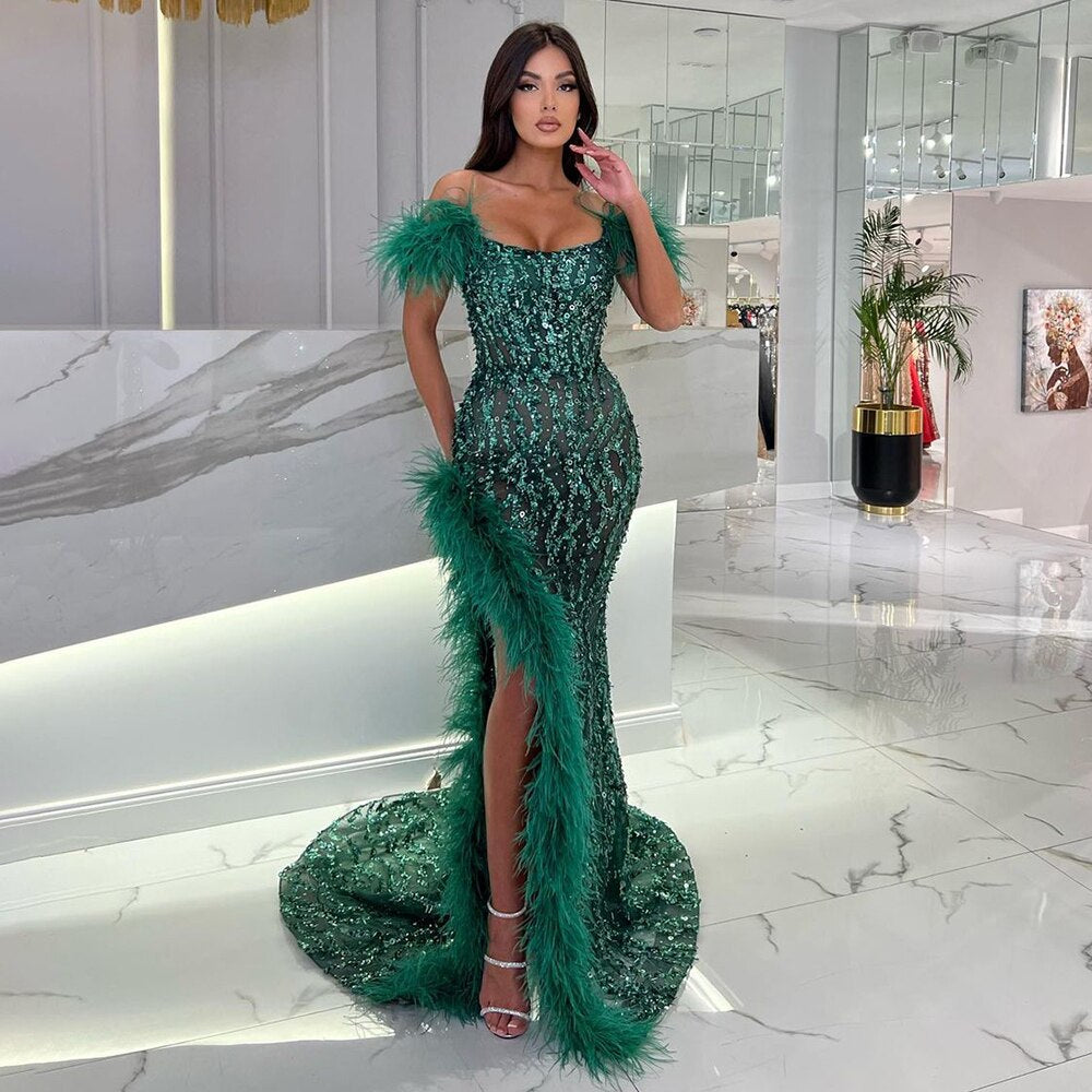 Vestido de noche verde sirena sexy con abertura alta y cuentas de lujo, con plumas, para mujer, boda, fiesta, LA72043