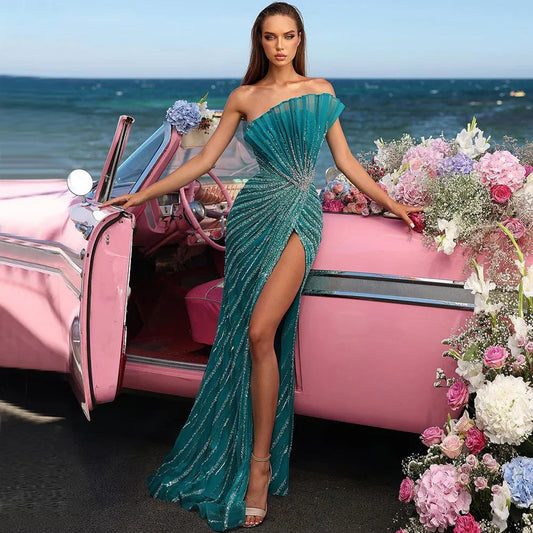 Vestido de noche verde sirena sexy con abertura alta y hombros descubiertos, de lujo, con cuentas, estilo Dubái, para mujer, fiesta, LA72049