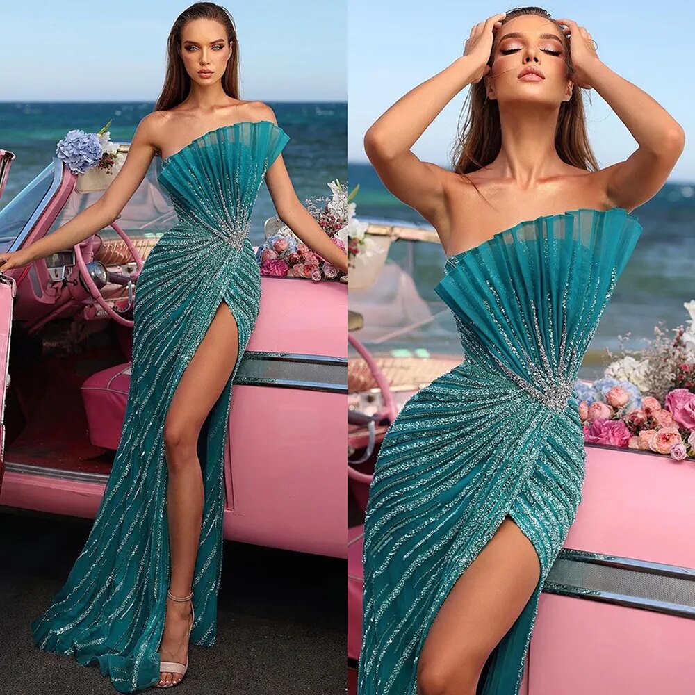 Vestido de noche verde sirena sexy con abertura alta y hombros descubiertos, de lujo, con cuentas, estilo Dubái, para mujer, fiesta, LA72049