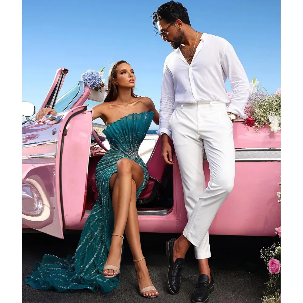 Vestido de noche verde sirena sexy con abertura alta y hombros descubiertos, de lujo, con cuentas, estilo Dubái, para mujer, fiesta, LA72049