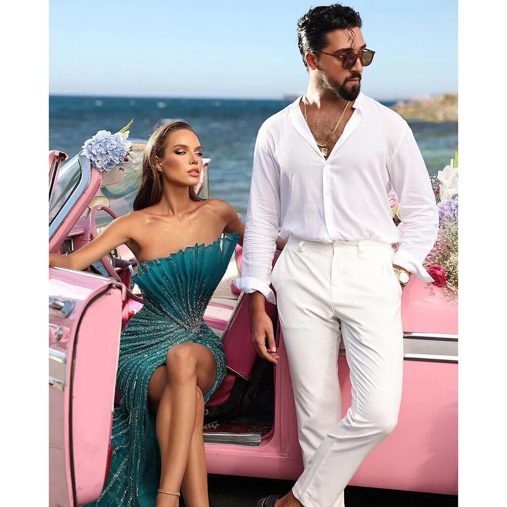Vestido de noche verde sirena sexy con abertura alta y hombros descubiertos, de lujo, con cuentas, estilo Dubái, para mujer, fiesta, LA72049