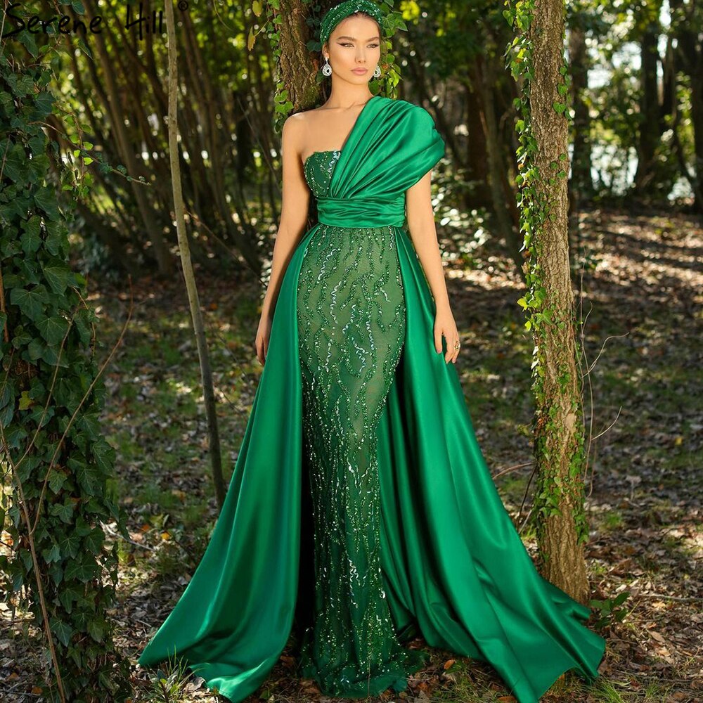 Vestido de noche verde sirena con cola, elegante, de lujo, con cuentas, para mujer, fiesta, LA71108