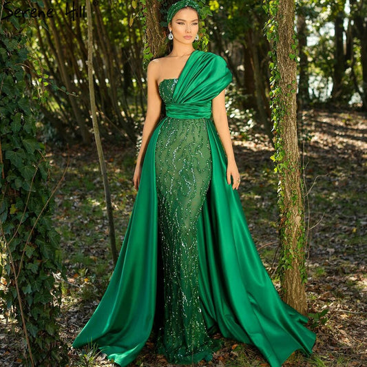 Vestido de noche verde sirena con cola, elegante, de lujo, con cuentas, para mujer, fiesta, LA71108
