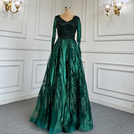 Vestidos de noche musulmanes verdes de corte A con escote corazón, mangas largas, de lujo, con cuentas, 2025, para mujer, fiesta, LA71704