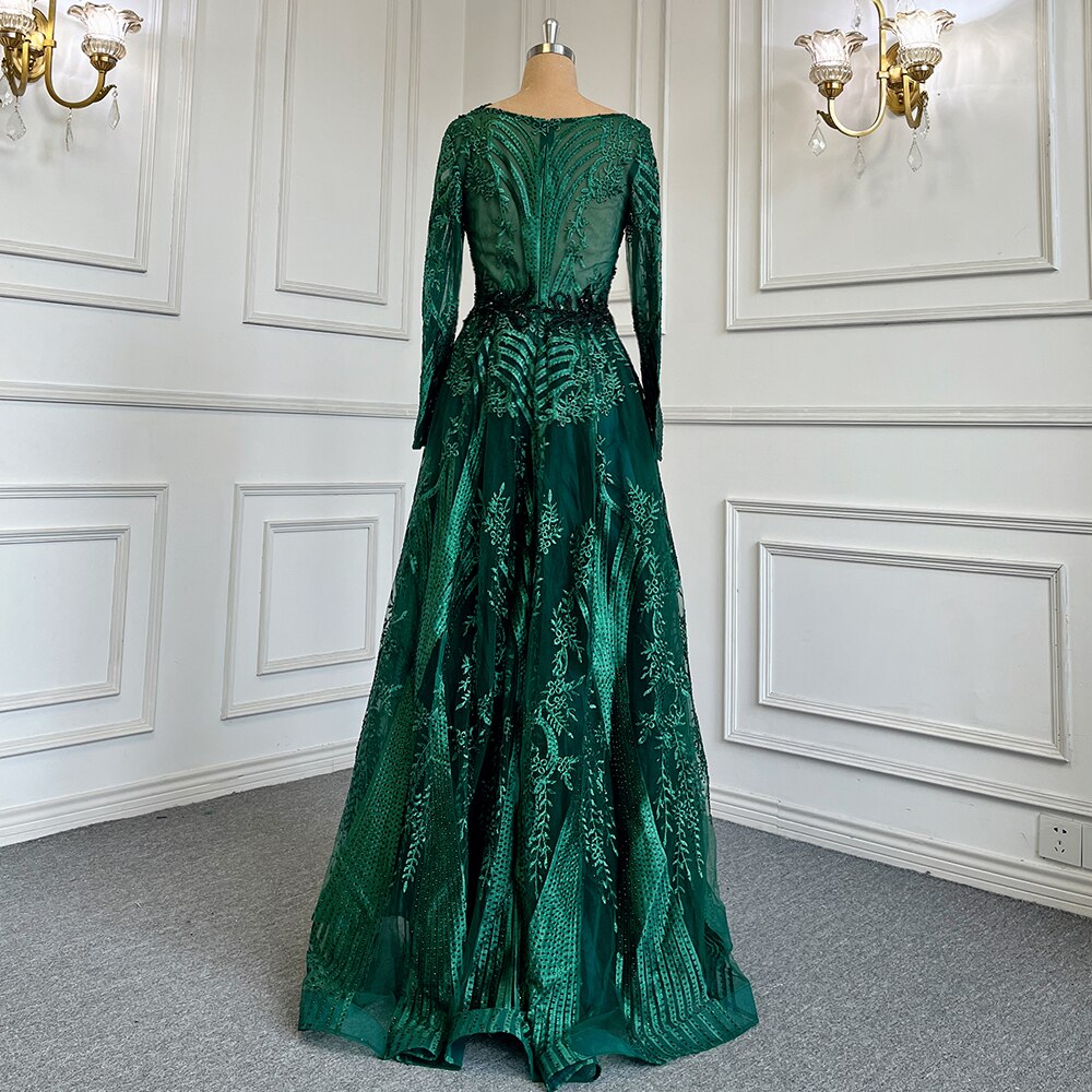 Vestidos de noche musulmanes verdes de corte A con escote corazón, mangas largas, de lujo, con cuentas, 2025, para mujer, fiesta, LA71704