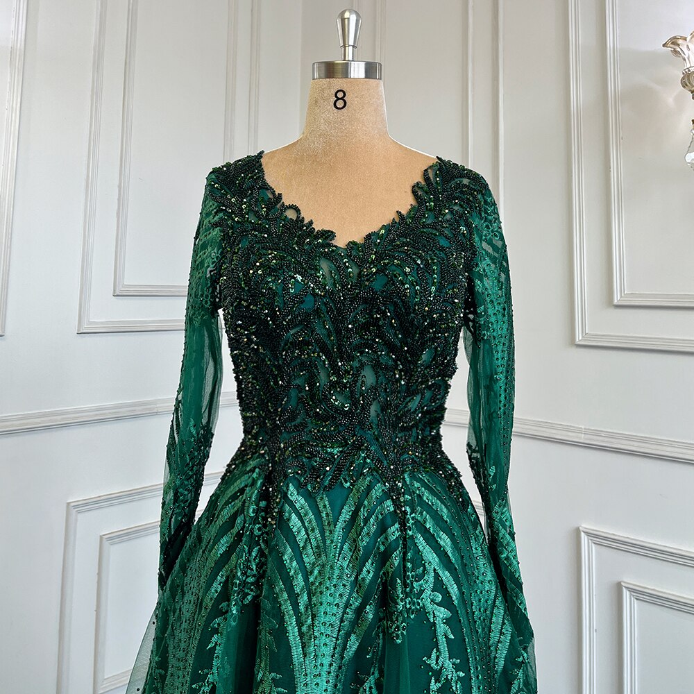 Vestidos de noche musulmanes verdes de corte A con escote corazón, mangas largas, de lujo, con cuentas, 2025, para mujer, fiesta, LA71704