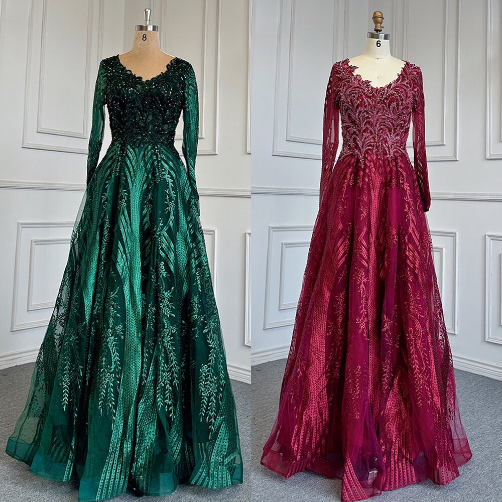 Vestidos de noche musulmanes verdes de corte A con escote corazón, mangas largas, de lujo, con cuentas, 2025, para mujer, fiesta, LA71704
