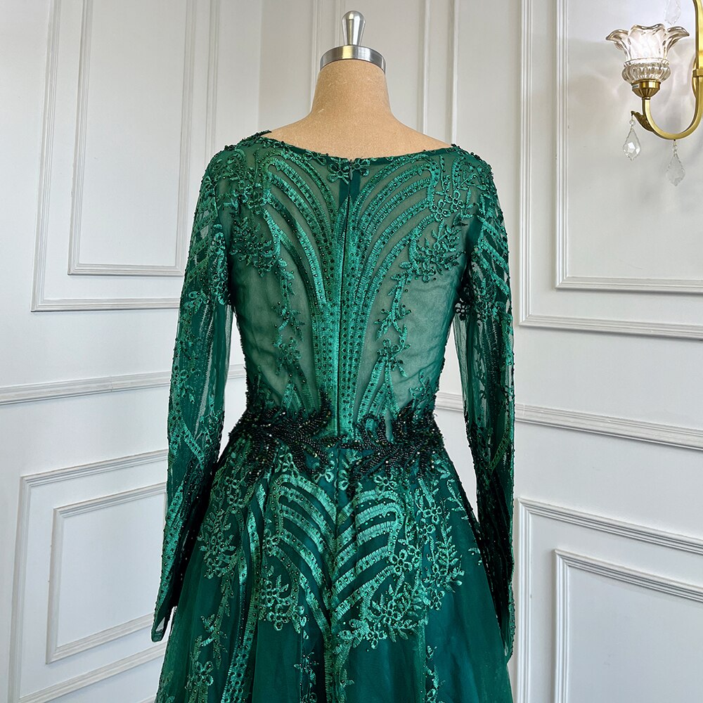 Vestidos de noche musulmanes verdes de corte A con escote corazón, mangas largas, de lujo, con cuentas, 2025, para mujer, fiesta, LA71704