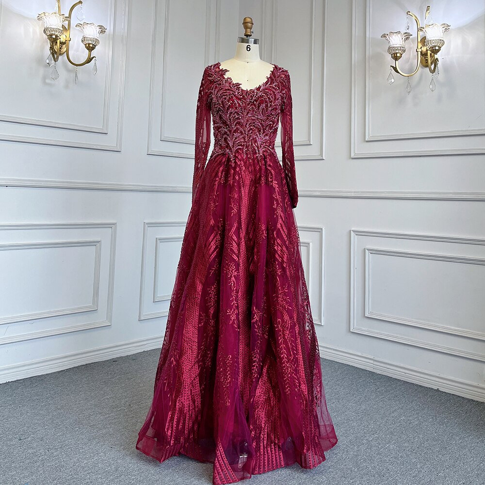Vestidos de noche musulmanes verdes de corte A con escote corazón, mangas largas, de lujo, con cuentas, 2025, para mujer, fiesta, LA71704