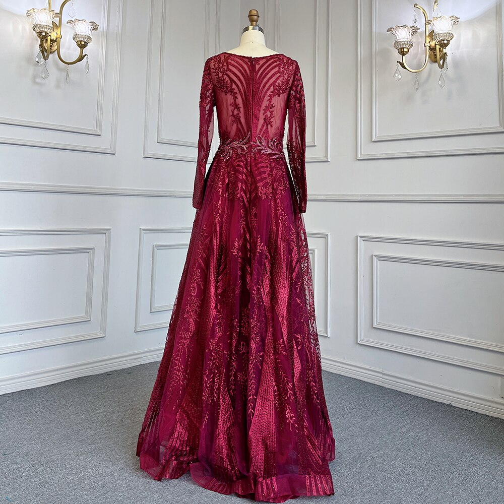Vestidos de noche musulmanes verdes de corte A con escote corazón, mangas largas, de lujo, con cuentas, 2025, para mujer, fiesta, LA71704