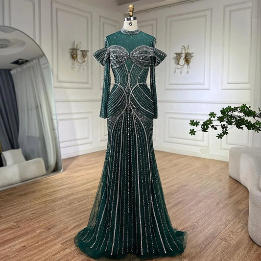 Elegante vestido de noche musulmán verde sirena con cuentas de lujo de Dubái para mujer, fiesta de bodas 2025 LA72547