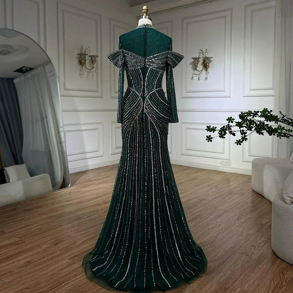 Elegante vestido de noche musulmán verde sirena con cuentas de lujo de Dubái para mujer, fiesta de bodas 2025 LA72547