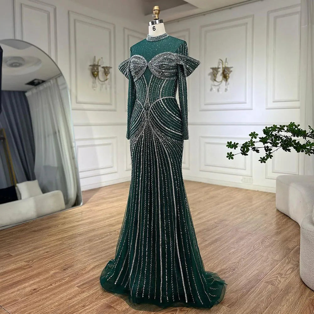 Elegante vestido de noche musulmán verde sirena con cuentas de lujo de Dubái para mujer, fiesta de bodas 2025 LA72547