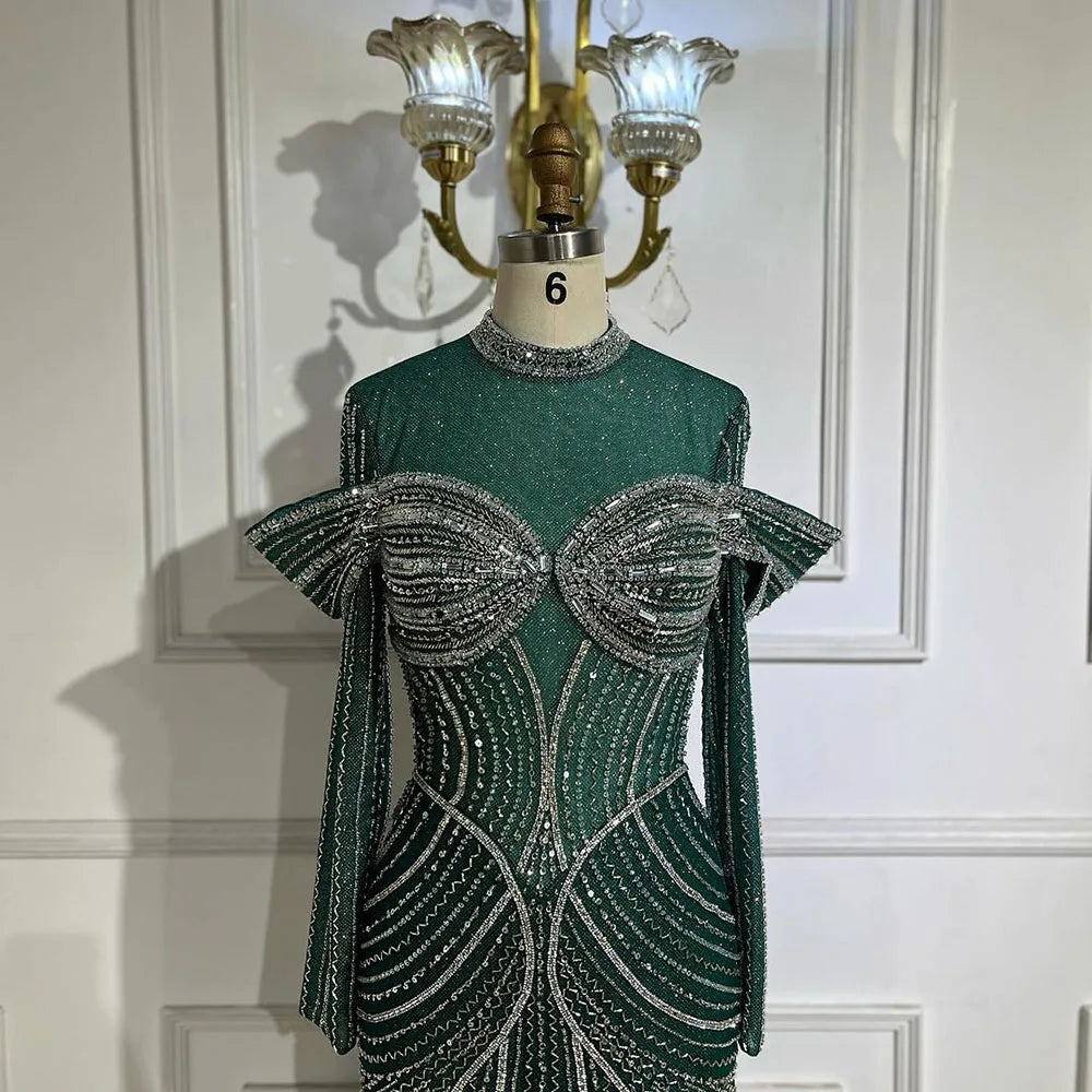 Elegante vestido de noche musulmán verde sirena con cuentas de lujo de Dubái para mujer, fiesta de bodas 2025 LA72547