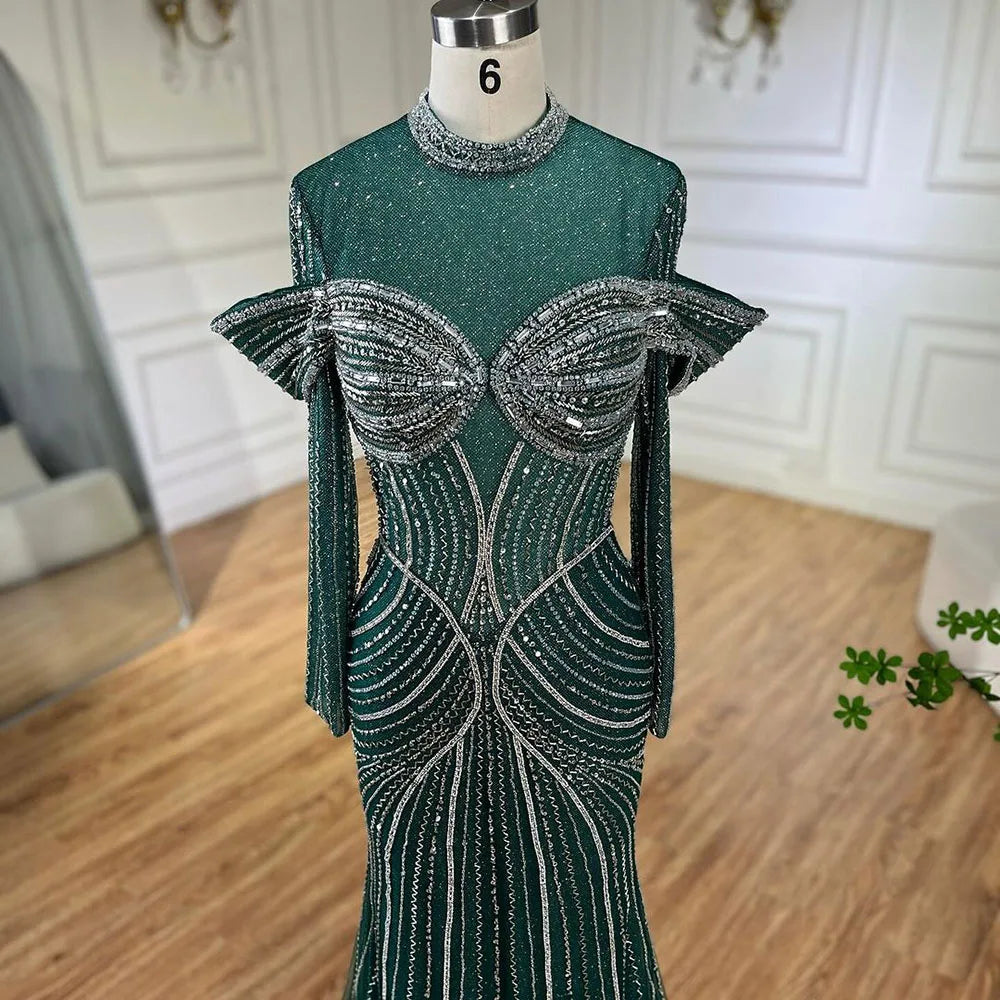 Elegante vestido de noche musulmán verde sirena con cuentas de lujo de Dubái para mujer, fiesta de bodas 2025 LA72547
