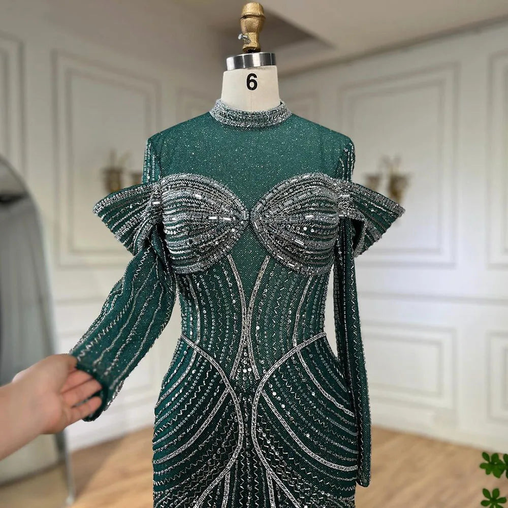 Elegante vestido de noche musulmán verde sirena con cuentas de lujo de Dubái para mujer, fiesta de bodas 2025 LA72547