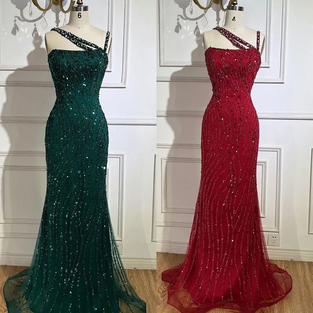 Vestido de noche elegante de sirena con un solo hombro, con cuentas y rojo de lujo para mujer, para fiesta de boda 2025 LA72340