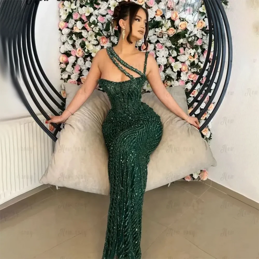 Vestido de noche elegante de sirena con un solo hombro, con cuentas y rojo de lujo para mujer, para fiesta de boda 2025 LA72340