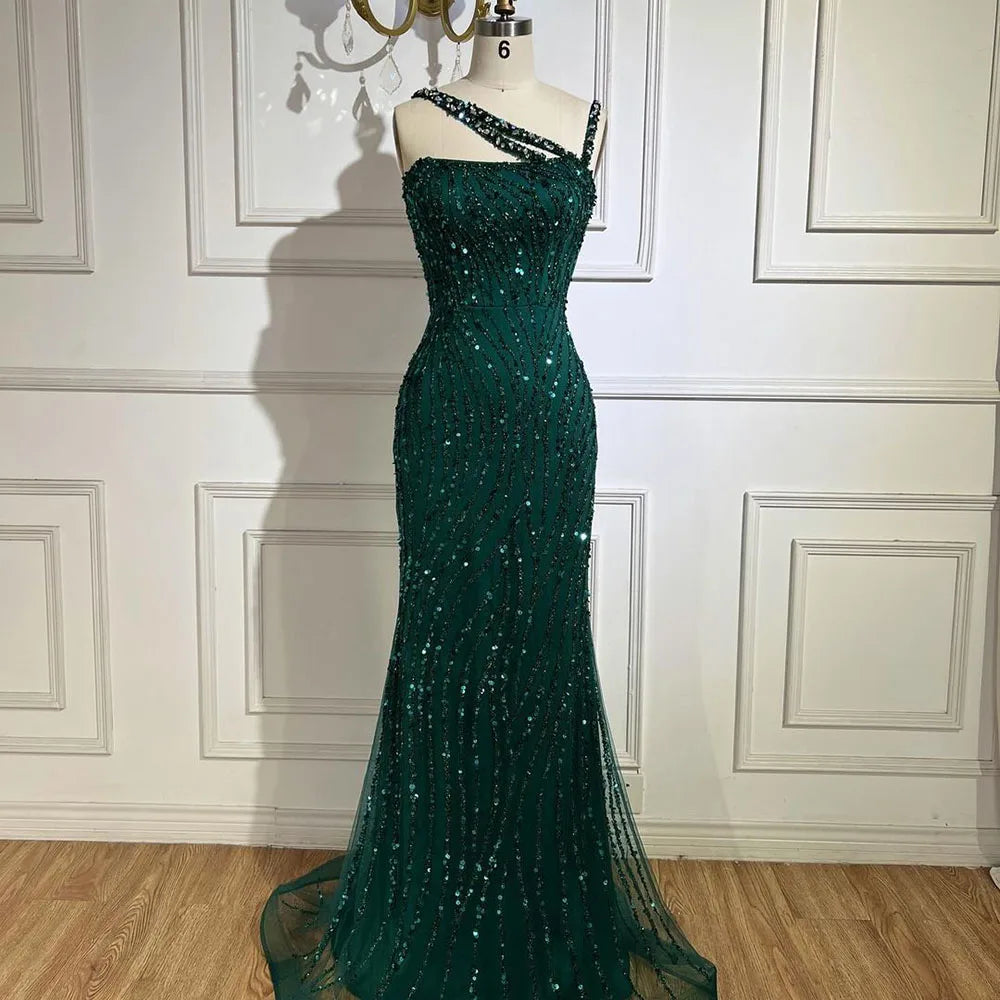 Vestido de noche elegante de sirena con un solo hombro, con cuentas y rojo de lujo para mujer, para fiesta de boda 2025 LA72340