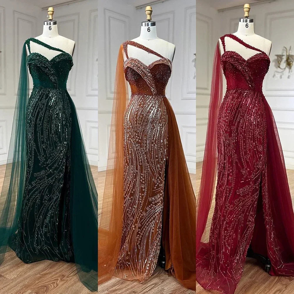 Vestido de noche verde sirena de un solo hombro con capa, largo formal para mujer, para fiesta de boda, LA72472