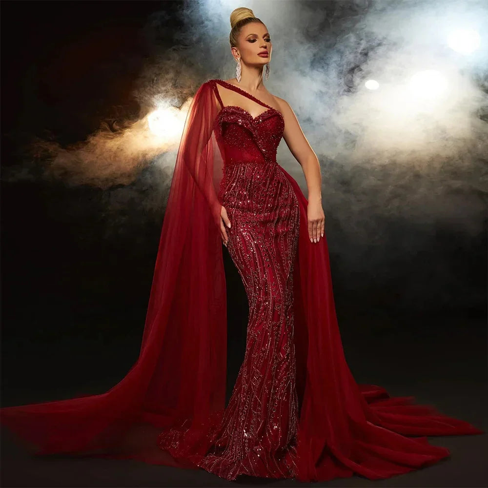 Vestido de noche verde sirena de un solo hombro con capa, largo formal para mujer, para fiesta de boda, LA72472