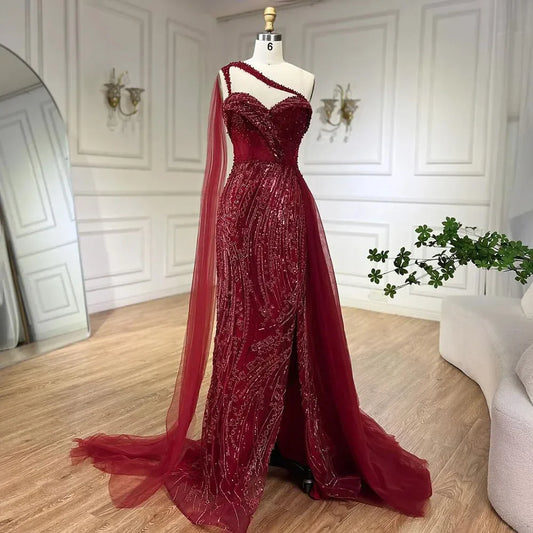 Vestido de noche verde sirena de un solo hombro con capa, largo formal para mujer, para fiesta de boda, LA72472