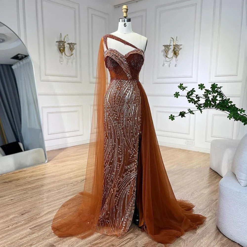 Vestido de noche verde sirena de un solo hombro con capa, largo formal para mujer, para fiesta de boda, LA72472