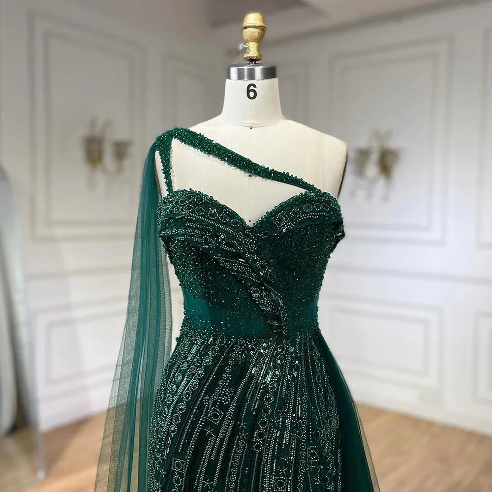 Vestido de noche verde sirena de un solo hombro con capa, para mujer, para boda, fiesta, graduación, LA72472
