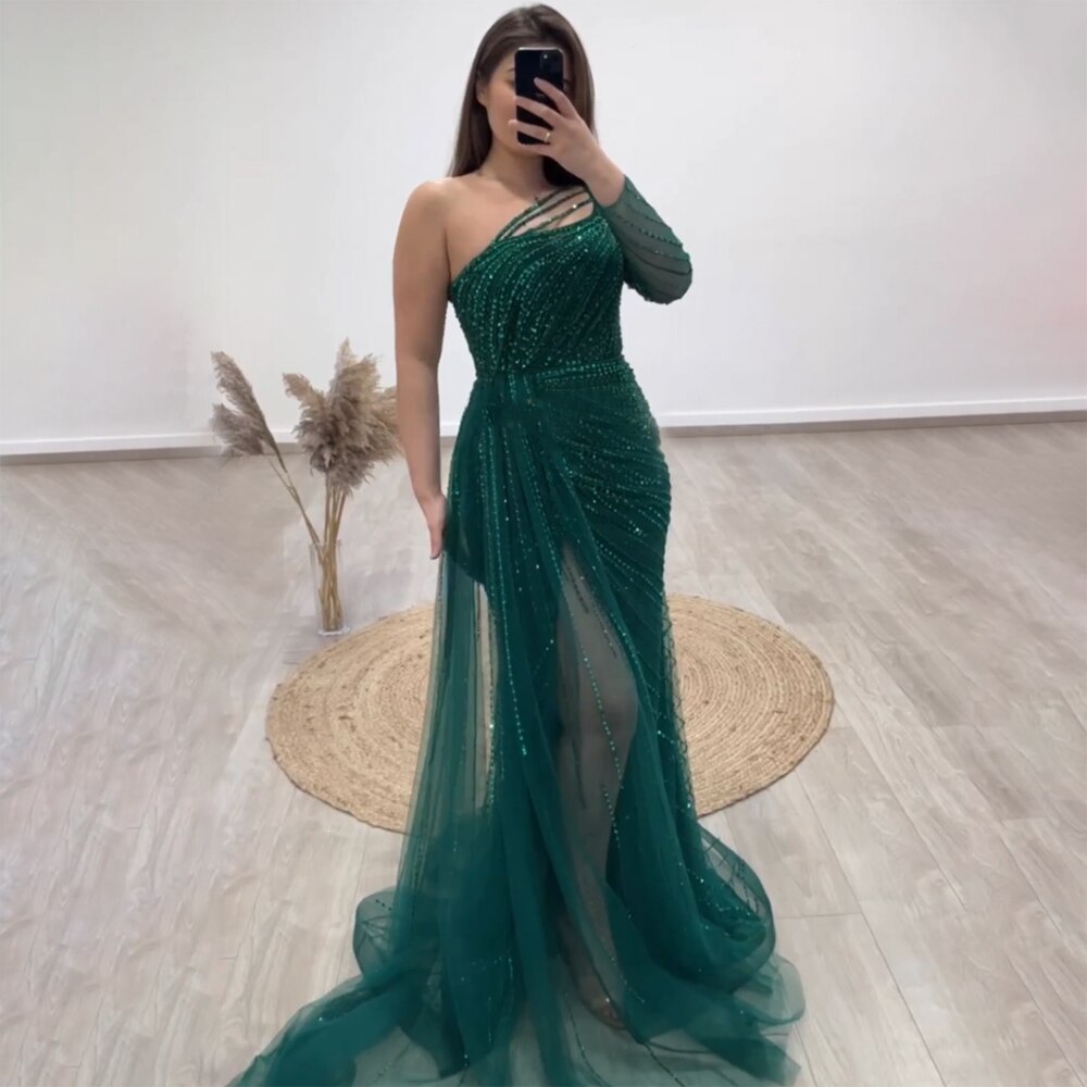 En oferta, sin devolución ni reembolso, vestido de noche verde de un solo hombro con corte sirena, abierto, con cuentas, sexy, para fiesta, 2025, LA72046