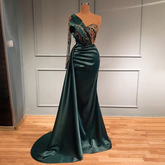 Vestido de noche de satén verde con un solo hombro, corte sirena con cuentas, elegante, de lujo, para mujer, fiesta, LA71541