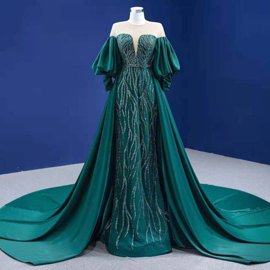 Vestido de noche verde estilo sirena con sobrefalda, elegante, de lujo, con cuentas, para mujer, fiesta, HM67428, 2025