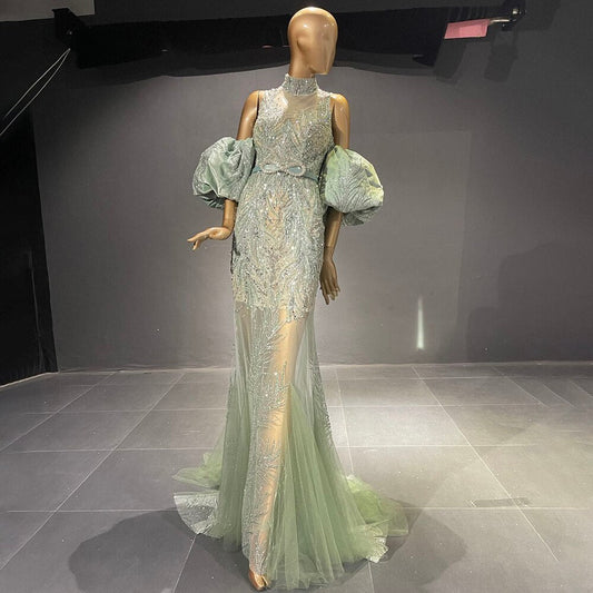 Vestidos de noche verdes con mangas abullonadas, corte sirena con cuentas, de lujo, elegantes, para mujer, fiesta, LA71537