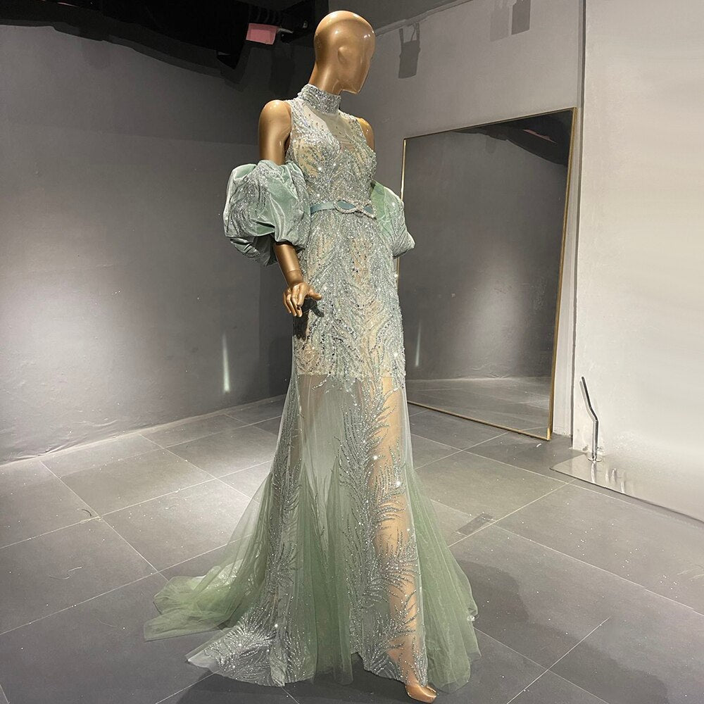 Vestidos de noche verdes con mangas abullonadas, corte sirena con cuentas, de lujo, elegantes, para mujer, fiesta, LA71537
