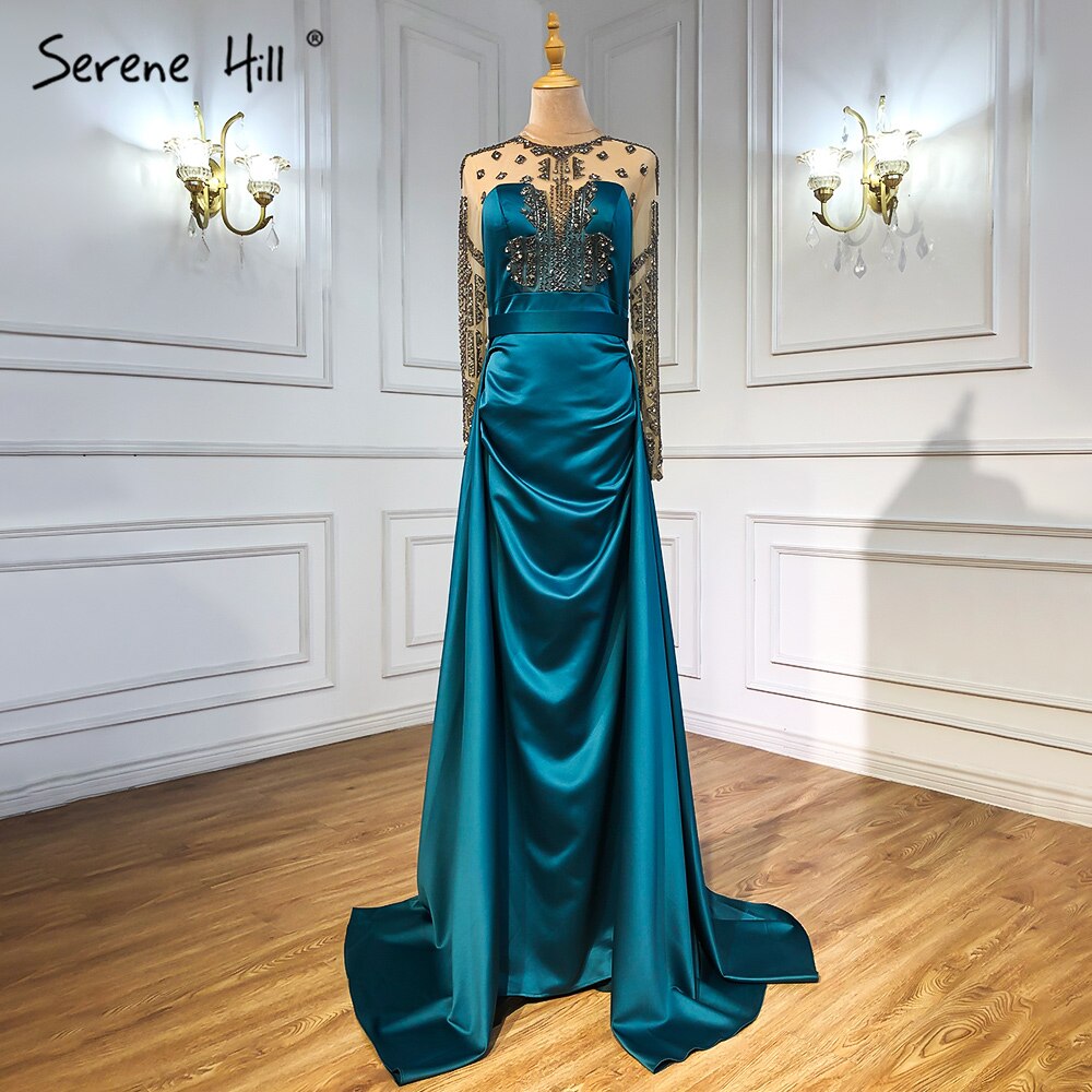 Vestidos de noche de satén verde, corte A, con cuentas, sexys, para mujer, para boda, fiesta, LA71067