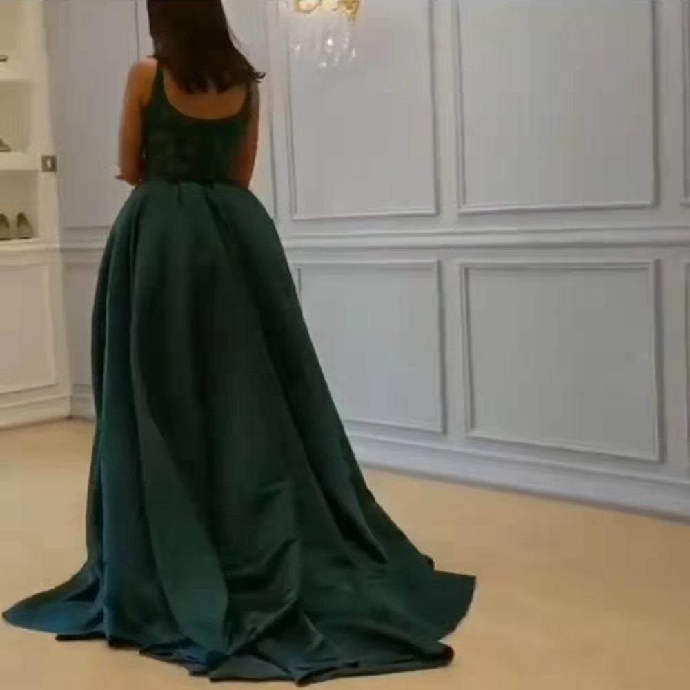 Vestidos De Avond De Sirena De Satén Verde 2025 Kralen Elegante Hoge Split Para Vrouwen Party LA71574