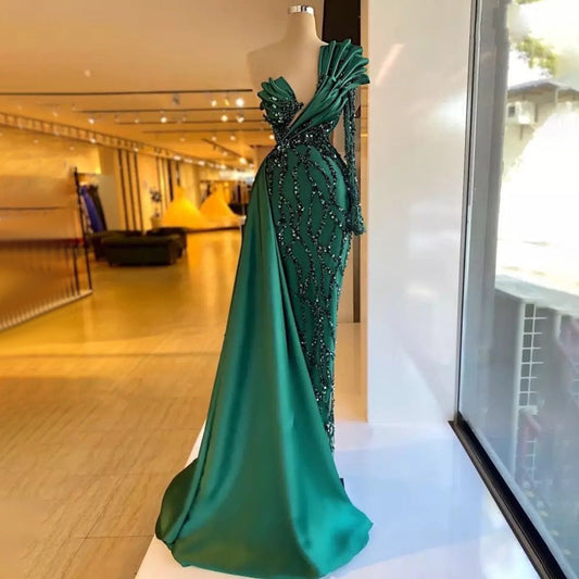 Vestido de noche de satén verde con un solo hombro, elegante, estilo sirena con cuentas, para fiesta, LA71624