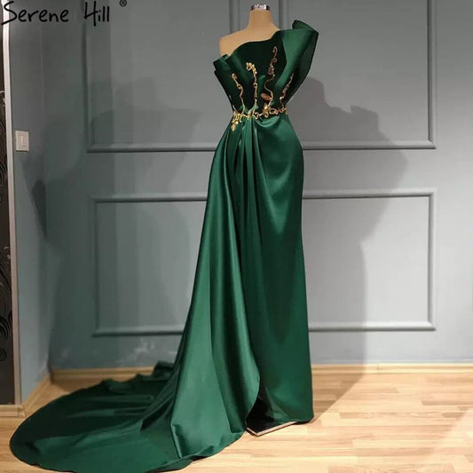 Vestidos de noche sexys de satén verde, corte sirena, un hombro, con cuentas, para mujer, fiesta, LA70850