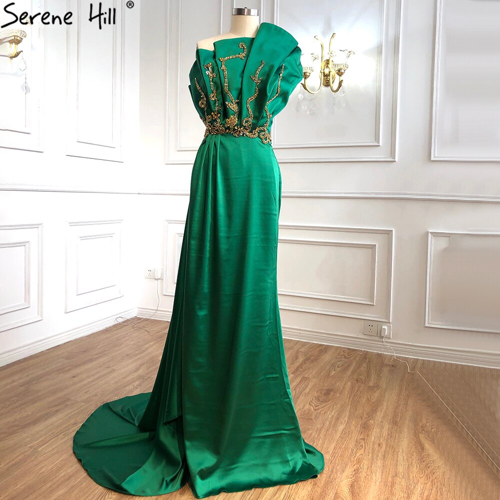 Vestidos de noche sexys de satén verde, corte sirena, un hombro, con cuentas, para mujer, fiesta, LA70850