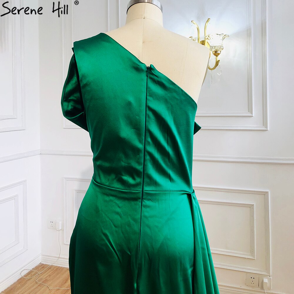 Vestidos de noche sexys de satén verde, corte sirena, un hombro, con cuentas, para mujer, fiesta, LA70850