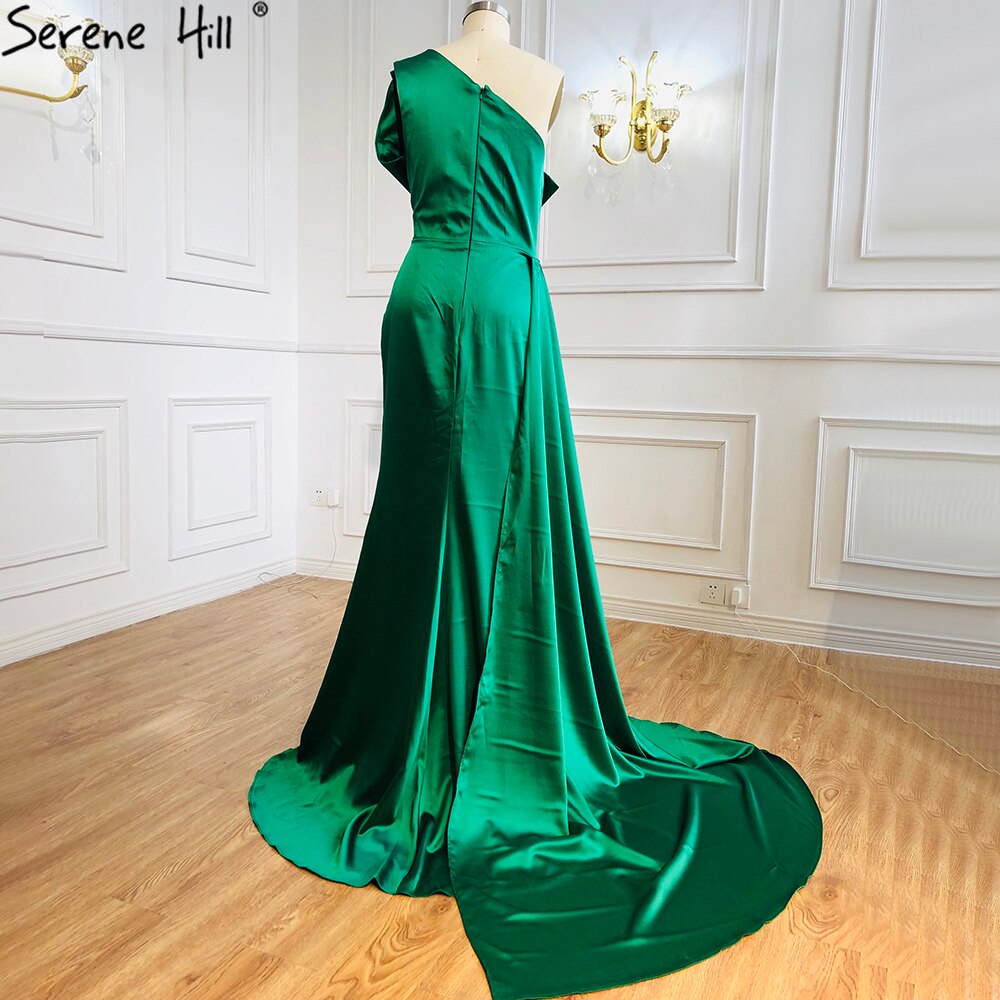 Vestidos de noche sexys de satén verde, corte sirena, un hombro, con cuentas, para mujer, fiesta, LA70850