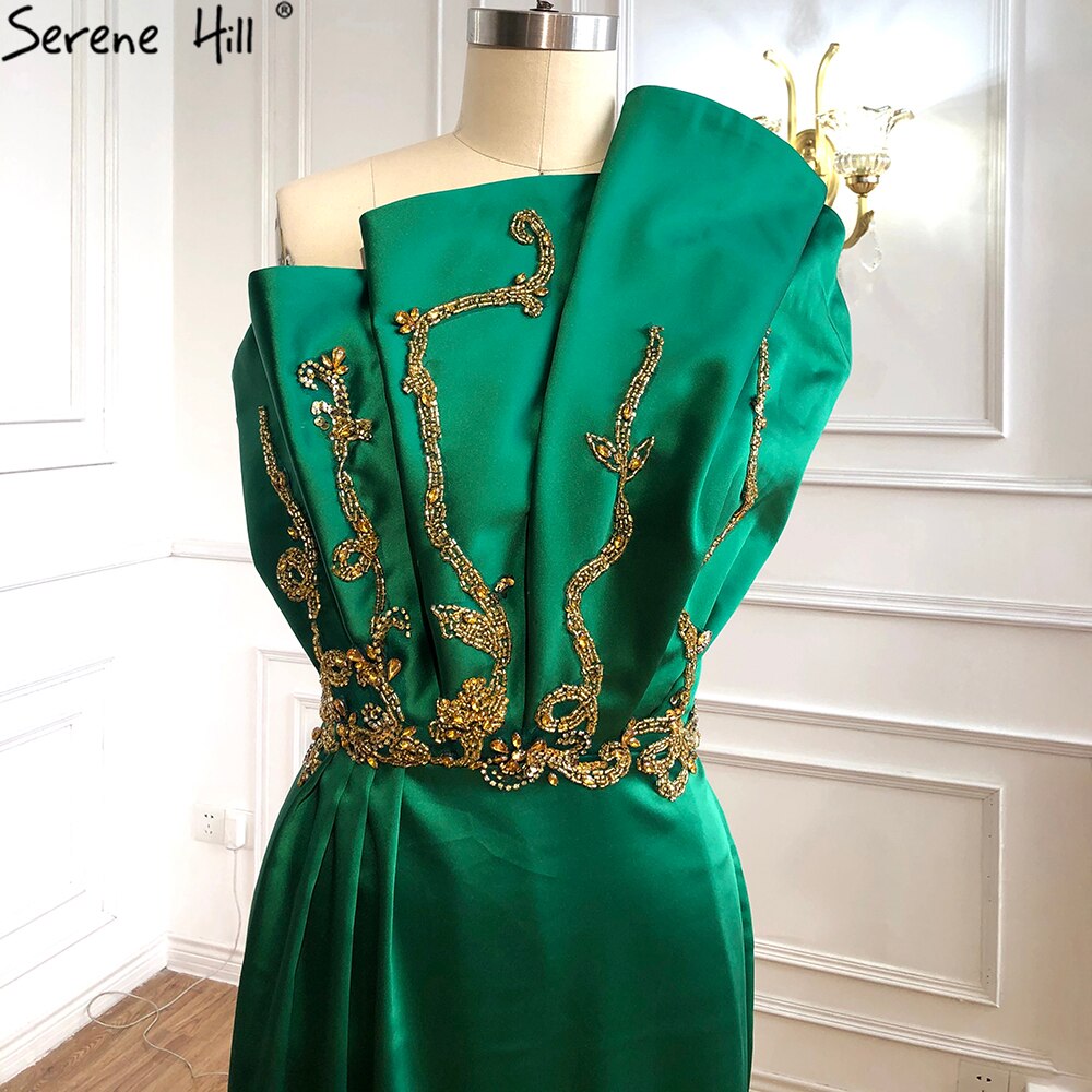 Vestidos de noche sexys de satén verde, corte sirena, un hombro, con cuentas, para mujer, fiesta, LA70850