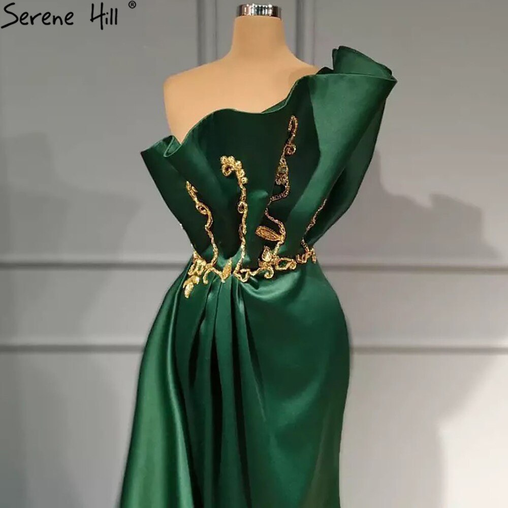 Vestidos de noche sexys de satén verde, corte sirena, un hombro, con cuentas, para mujer, fiesta, LA70850
