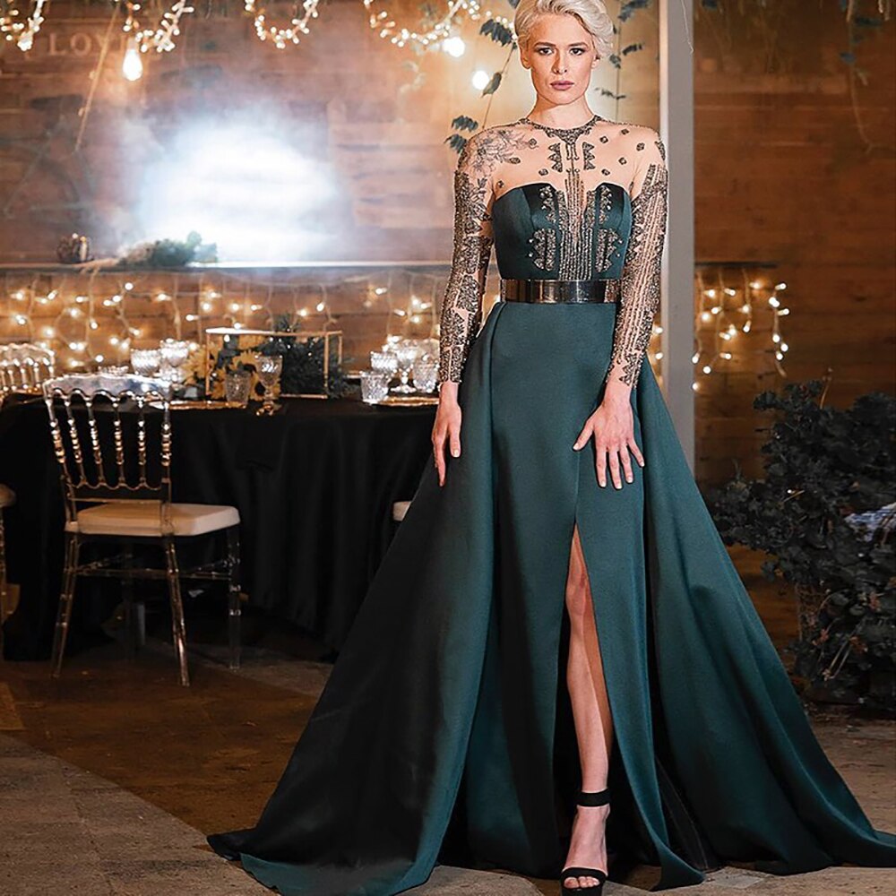 Vestidos de noche de satén verde con abertura, corte A, con cuentas, sexys, para mujer, para boda, fiesta, LA71067